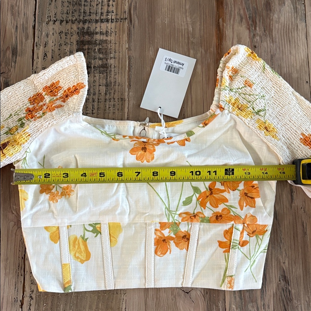 Floral Smocked Puff-Sleeve Crop Top in White with Orange & Yellow Blooms - Picture 3 of 6